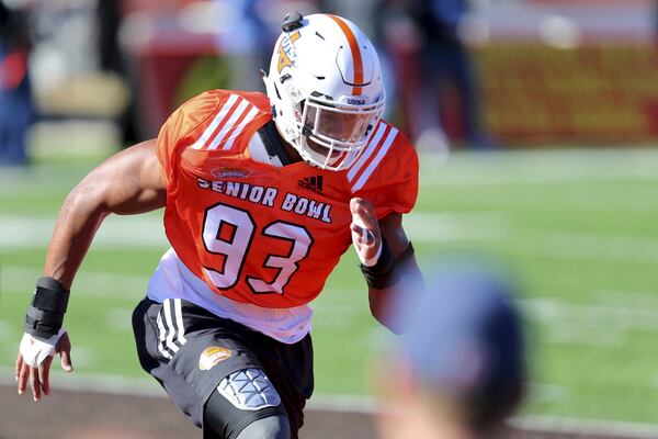 Defensive end Marcus Davenport of UT-San Antonio runs drills during the South’s practice in Mobile, Ala., for Saturday’s Senior Bowl. The 6-foot-6, 259-pounder is one of the top NFL prospects at the Senior Bowl this week, rated as a potential first-rounder and maybe even a top-10 pick. (AP Photo/Butch Dill)