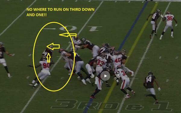 Running back Cordarrelle Patterson is surrounded by Buccaneers on third down and 1 on a key drive in the fourth quarter on Sunday. (Screen grab of Fox Sports off NFL Game Pass).