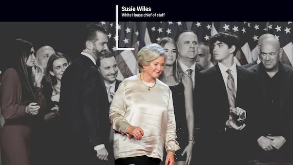 A crew of longtime friends, aides and new allies join Donald Trump on stage during an election night watch party. Trump has named Susie Wiles as his next chief of staff, the first woman to hold the job. (AP Photo/Alex Brandon; AP Illustration by Alex Connor)