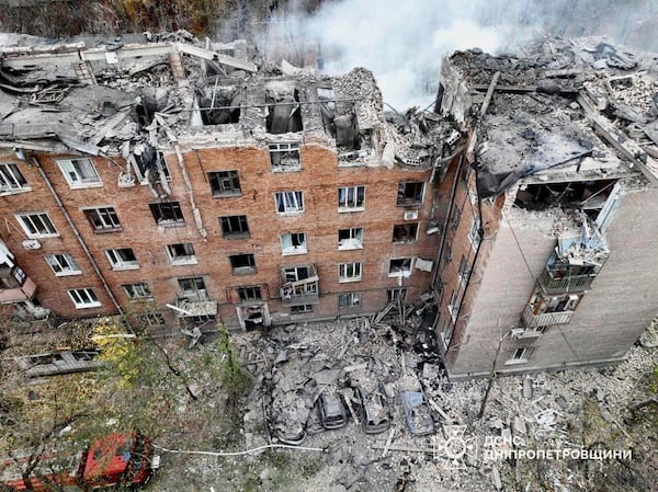 In this image provided by the Ukrainian Emergency Service on Monday, Nov. 11, 2024, a smoke rises out of an apartments building after a Russian attack in Kryvyi Rih, Ukraine. (Ukrainian Emergency Service via AP)