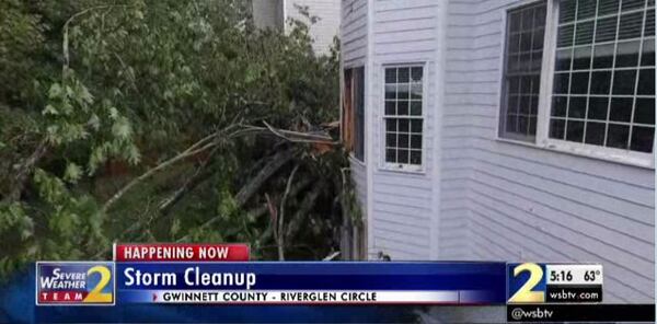 This tree fell into a home on Riverglen Circle in Suwanee on Monday. (Credit: Channel 2 Action News)