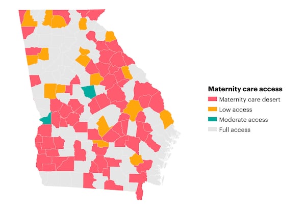 According to the March of Dimes, about 42% of Georgia counties are designated as maternity care deserts, meaning they lack maternity care resources such as hospitals or birth centers offering obstetric care and may also have no obstetric providers.