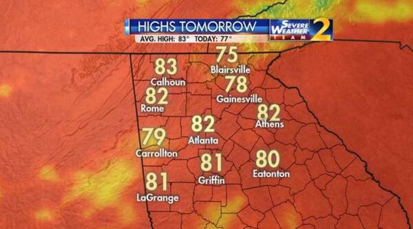 A look at the projected highs for Wednesday. (Credit: Channel 2 Action News)