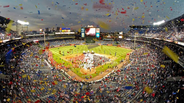 The Braves closed down Turner Field with one final giant tomahawk chop and a confetti shower.