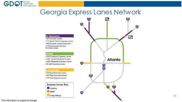 The Georgia Department of Transportation plans a 120-mile network of toll lanes for metro Atlanta. The map shows existing lanes, plus those included in the state's Major Mobility Investment Program. SOURCE: GDOT