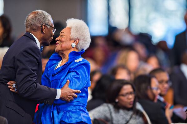 Naomi King (right) hugs Lawrence Carter before the 48th Martin Luther King Jr. Annual Commemorative Service at Ebenezer Baptist Church in Atlanta on Monday, January 18, 2016.  JONATHAN PHILLIPS / SPECIAL