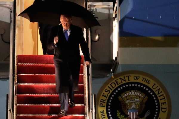 President Donald Trump walks down the stairs of Air Force One upon his arrival at Joint Base Andrews, Md., Monday, March 17, 2025. (AP Photo/Luis M. Alvarez)