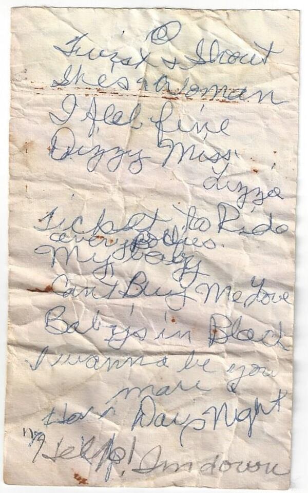 Beth Erwin shared a handwritten setlist from the 1965 Beatles show.