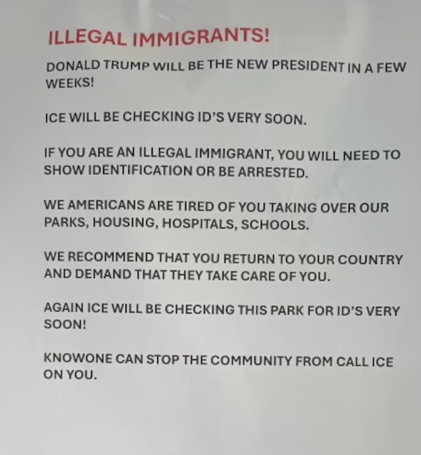 Anti-immigrant flyer found in Trammel Crow Park after the presidential election.