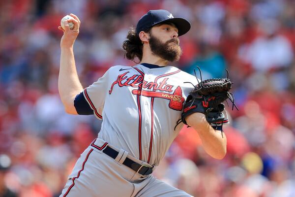 Atlanta Braves' Ian Anderson throws during the first inning of a baseball game against the Cincinnati Reds in Cincinnati, Saturday, June 26, 2021. (AP Photo/Aaron Doster)