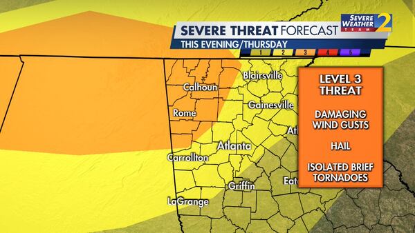 Severe storms and isolated tornadoes were forecasted to hit northern Georgia late Wednesday. (Credit: Channel 2 Action News)