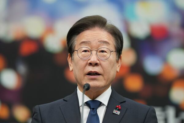 South Korea's main opposition Democratic Party leader Lee Jae-myung speaks during a press conference on removal of President Yoon Suk Yeol from office, at the party office at the National Assembly building in Seoul, South Korea, Sunday, Dec. 15, 2024. (AP Photo/Lee Jin-man)