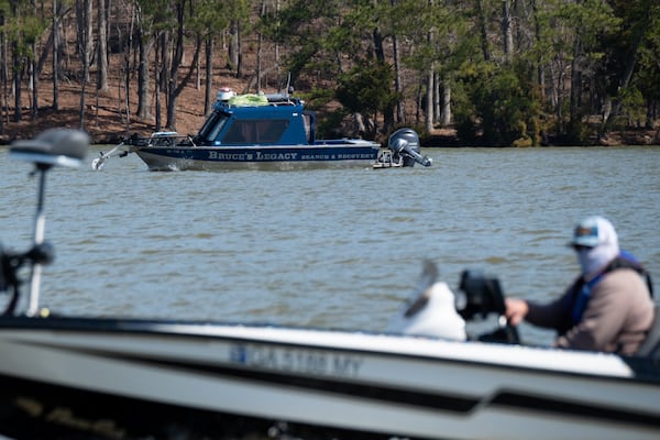 A boat from Bruce’s Legacy, a volunteer organization that provides search and recovery operations for drowning victims, searches for the body of Gary Jones in Lake Oconee northeast of Eatonton on Saturday, March 8, 2025.   Ben Gray for the Atlanta Journal-Constitution