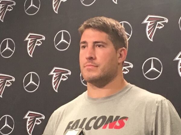  Alex Mack talking to the media on Tuesday, May 2. (By D. Orlando Ledbetter/dledbetter@ajc.com)