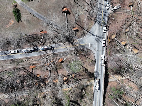 Aerial photo shows the aftermath of a storm in Dallas, Sunday, March 16, 2025. National Weather Service teams will be conducting a damage survey in the Paulding County/Dallas area, which sustained “pretty significant” damage from the storms, NWS Senior Meteorologist Dylan Lusk told The Atlanta Journal-Constitution on Sunday morning. (Hyosub Shin / AJC)