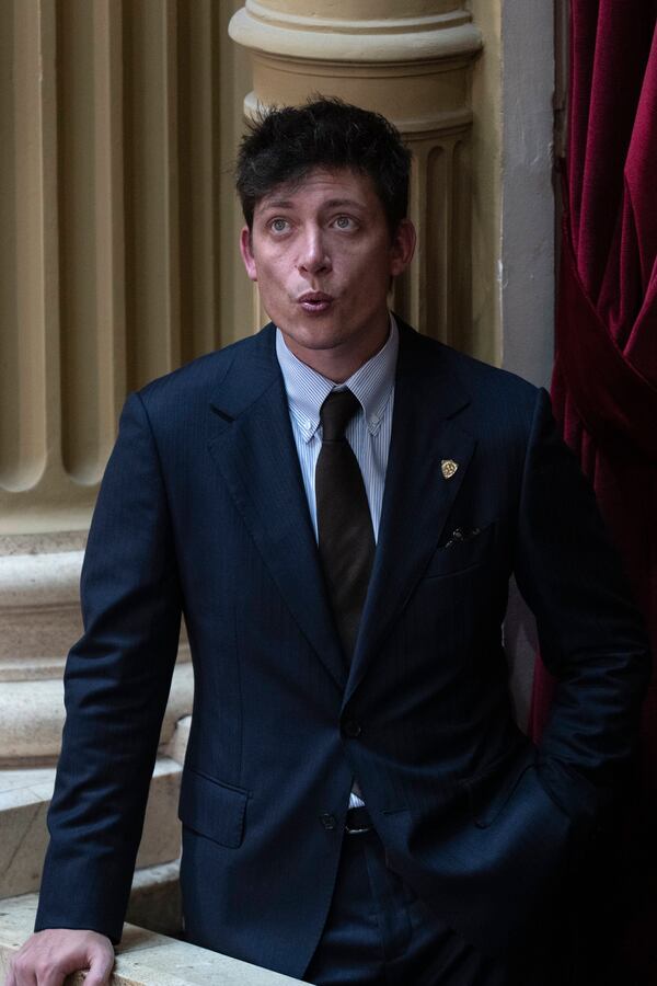 Santiago Caputo, Argentina's President Javier Milei's political strategist, waits for him to arrive to deliver the annual State of the Nation address, which marks the start of the legislative year, in Buenos Aires, Argentina, Saturday, March 1, 2025. (AP Photo/Rodrigo Abd)