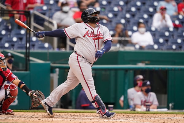 Braves pinch-hitter Pablo Sandoval watches his two-run homer during the seventh inning of the second baseball game of a doubleheader against the Washington Nationals Wednesday, April 7, 2021, at Nationals Park in Washington. The Braves won the second game 2-0. (Alex Brandon/AP)