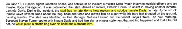 An arrest warrant indicates two high-ranking GDC officers allowed an inmate to strike an inmate they were transporting. Another officer has been charged with trying to cover it up.