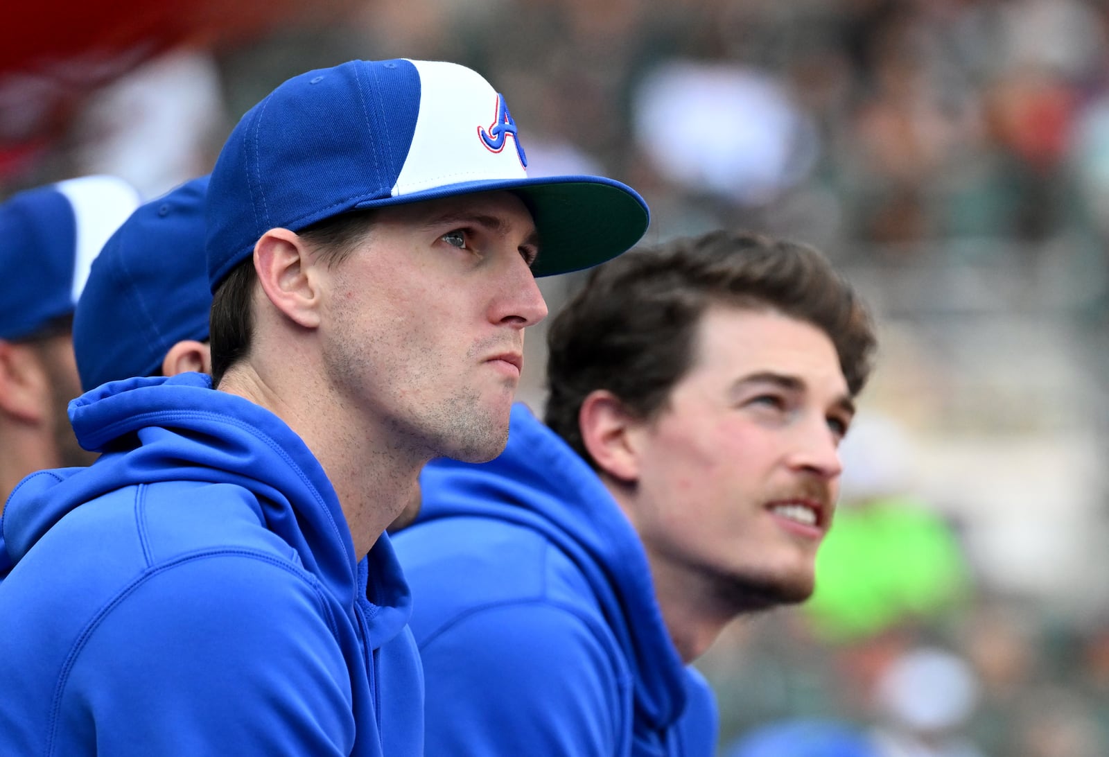 Atlanta Braves pitchers Kyle Wright (left) and Max Fried sit in the dugout during the second inning at Truist Park, Saturday, May 27, 2023, in Atlanta. (Hyosub Shin / Hyosub.Shin@ajc.com)