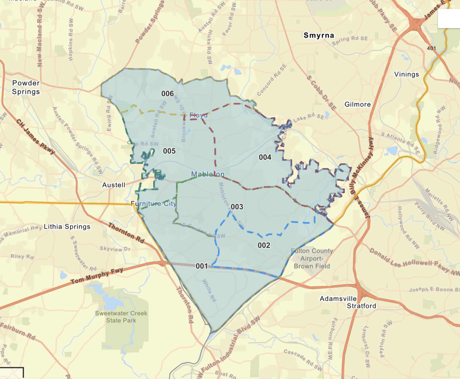 Shown here is a map of the new city of Mableton's council districts. Cobb County