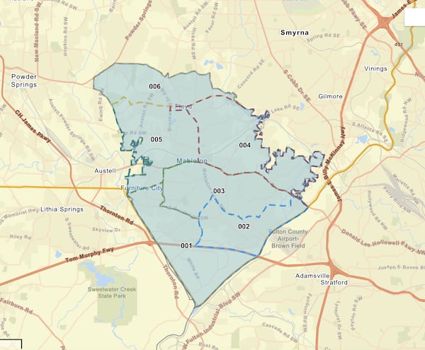 Shown here is a map of the new city of Mableton's council districts. The mayor and six council members will be elected in March 2023. Cobb County