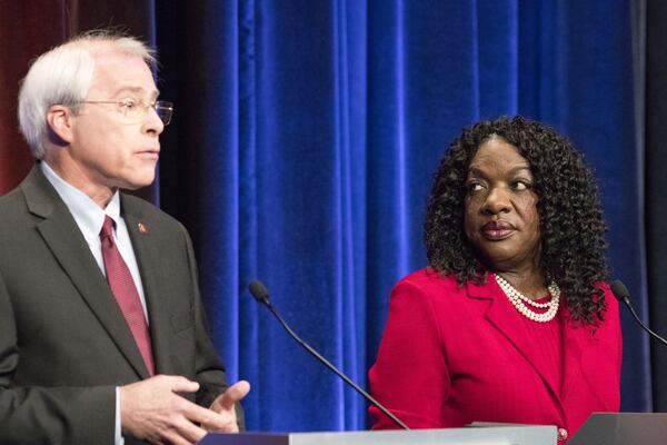 Democratic candidates for secretary of state John Barrow and Dee Dawkins-Haigler participate in a debate during a May 3 taping of the Atlanta Press Club at the Georgia Public Broadcasting studio in Atlanta. Another Democratic candidate, RJ Hadley, didn’t attend the debate. ALYSSA POINTER/ALYSSA.POINTER@AJC.COM