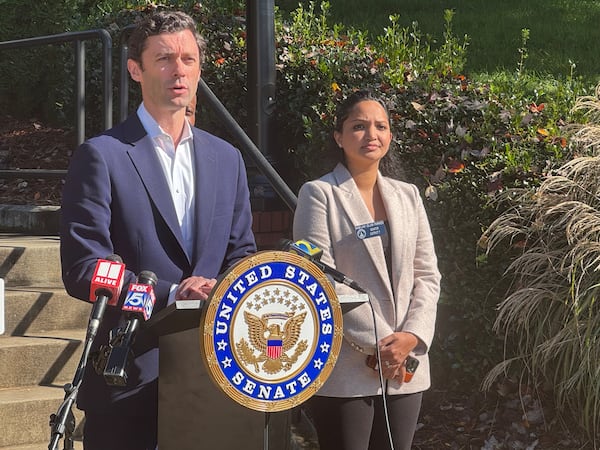 U.S. Sen. Jon Ossoff speaks during a news conference in Gwinnett County on Friday as state Sen. Nabilah Islam Parkes listens.