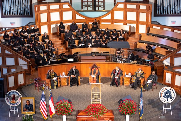 The funeral service of Marvin Arrington Sr., former superior court judge and Atlanta City Council president, at Ebenezer Baptist Church in Atlanta on Friday, July 28, 2023. (Arvin Temkar / arvin.temkar@ajc.com)