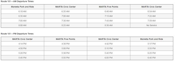 These are the morning and evening service times for CobbLinc's Route 101 on the Friday after Thanksgiving 2017.