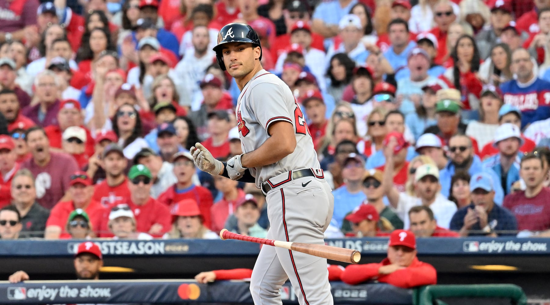 Atlanta Braves first baseman Matt Olson (28) takes a base on balls from Philadelphia Phillies starting pitcher Aaron Nola during the first inning of game three of the National League Division Series at Citizens Bank Park in Philadelphia on Friday, October 14, 2022. (Hyosub Shin / Hyosub.Shin@ajc.com)