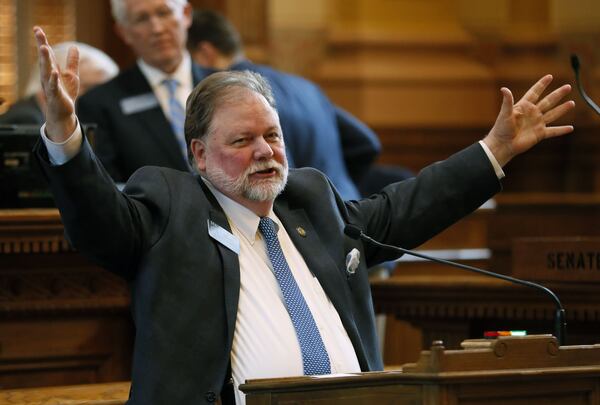 March 13, 2019 - Atlanta - Sen. Jeff Mullis, R - Chickamauga, spoke in favor of the bill.  The Georgia Senate voted in favor Wednesday on a new voting system with a paper trail to verify the accuracy of election results. If approved, Georgia would become the first state in the nation with this kind of touchscreen-and-paper voting system statewide.  Bob Andres / bandres@ajc.com