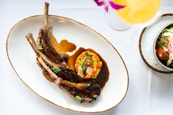 Suon Cuu Nuong Grilled Lamb Chops with Australian Lamb Chops, Curried Eggplant & Pepper Ratatouille, and Coriander Mint Jus. Photo credit- Mia Yakel.