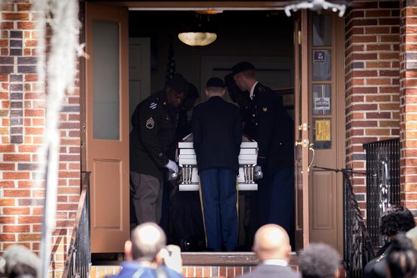 Pallbearers with the U.S. military carry the casket with the remains of U.S. Army Reservist Sgt. Breonna Moffett into the Campbell and Sons Funeral Home after a motorcade procession, Thursday, Feb. 15, 2024, Savannah, Ga. Moffett was killed in a drone attack in January along with two other U.S. servicemen in Jordan. (AJC Photo/Stephen B. Morton)