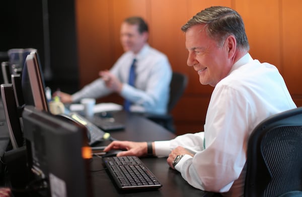 Severe Weather Team 2 Chief Meteorologist Glenn Burns works on the computer in the severe weather center Monday afternoon before returning to the air following a six-week absence for open-heart surgery in 2016. Ben Gray / bgray@ajc.com