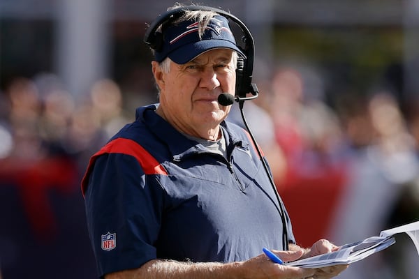 FILE - Then-New England Patriots head coach Bill Belichick during the second half of an NFL football game against the New Orleans Saints, Sunday, Oct. 8, 2023, in Foxborough, Mass. (AP Photo/Michael Dwyer, File)