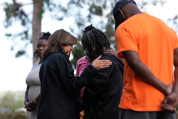 Vice President Kamala Harris meets with people impacted by Hurricane Helene on Oct. 2 in Augusta. Erin Schaff/The New York Times
                      