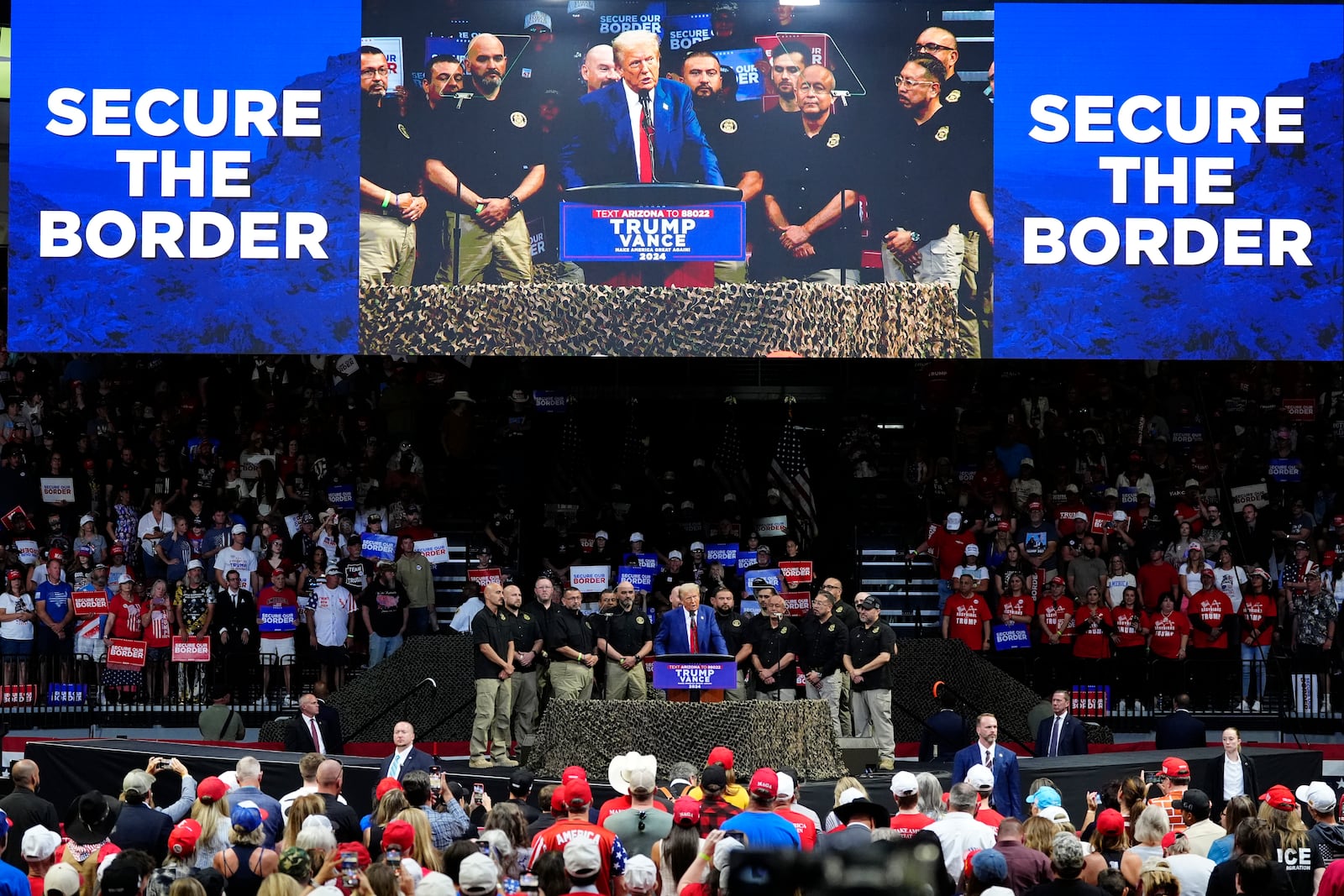 Republican presidential nominee former President Donald Trump speaks at a campaign rally at the Findlay Toyota Arena Sunday, Oct. 13, 2024, in Prescott Valley, Ariz. (AP Photo/Ross Franklin)