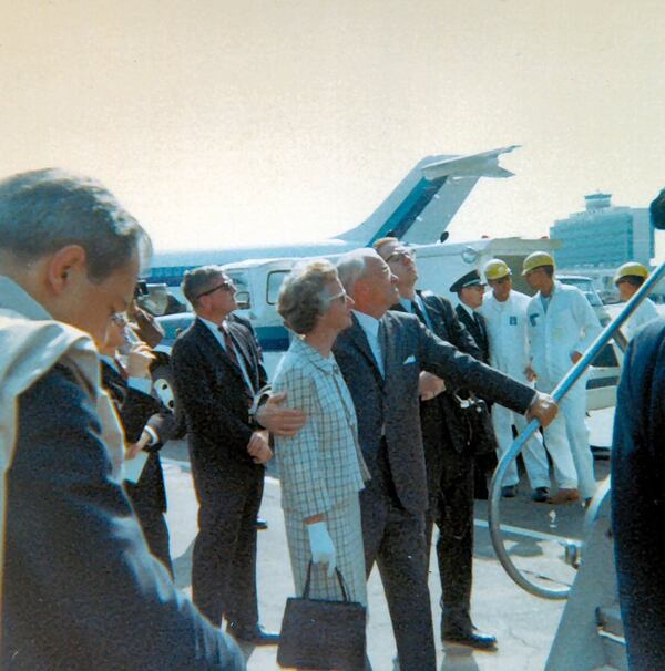 Atlanta Mayor Ivan Allen and his wife, Louise, met dignitaries arriving at then Atlanta International Airport for the funeral of Martin Luther King, Jr.