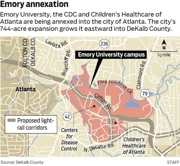 Emory University, the CDC and Children’s Healthcare of Atlanta are being annexed into the city of Atlanta. The city’s 744-acre expansion grows it eastward into DeKalb County.