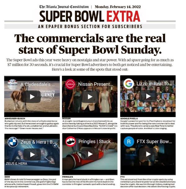 Our story on Super Bowl commercials includes video clips.