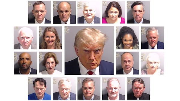 Mug shots of former President Donald Trump and 18 allies taken at the Fulton County Jail. They face charges of conspiracy to overturn the results of the 2020 election in Georgia. (AJC/Fulton County Jail)