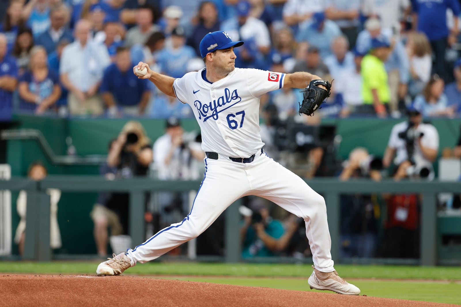 Kansas City Royals starting pitcher Seth Lugo throws during the first inning in Game 3 of an American League Division baseball playoff series against the New York Yankees Wednesday, Oct. 9, 2024, in Kansas City, Mo. (AP Photo/Colin Braley)