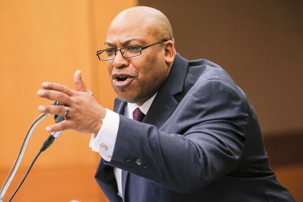 Fulton County Chief Assistant District Attorney Clint Rucker questions the results of the crime scene analysis during Day 19 of the Tex McIver murder trial in Fulton County Superior Court on Friday, April 13, 2018. (ALYSSA POINTER/ALYSSA.POINTER@AJC.COM)