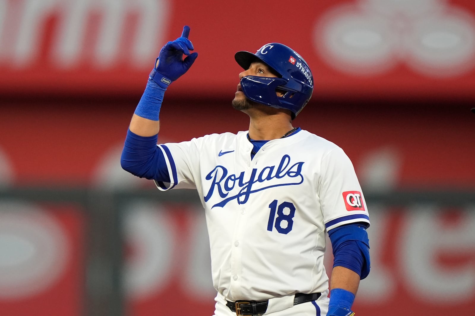 Kansas City Royals' Yuli Gurriel celebrates after hitting a double during the second inning in Game 3 of an American League Division baseball playoff series against the New York Yankees Wednesday, Oct. 9, 2024, in Kansas City, Mo. (AP Photo/Charlie Riedel)