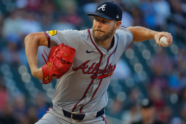 Atlanta Braves starting pitcher Chris Sale throws to the Minnesota Twins in the third inning of a baseball game Wednesday, Aug. 28, 2024, in Minneapolis. (AP Photo/Bruce Kluckhohn)