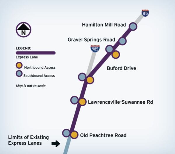 The Georgia Department of Transportation will open a 10-mile extension of the I-85 express lanes in Gwinnett County Saturday.