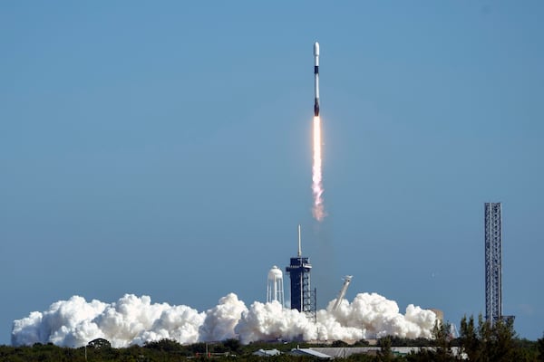 FILE - A SpaceX Falcon 9 rocket with a SXM-9 digital, audio radio satellite payload, lifts off from pad 39A at the Kennedy Space Center in Cape Canaveral, Fla., Dec. 5, 2024. (AP Photo/John Raoux, File)