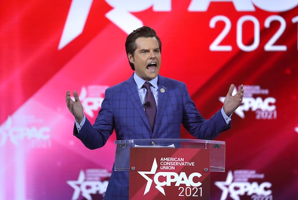 U.S. Rep. Matt Gaetz, R-Florida, speaks at CPAC at the Hyatt Regency in Orlando, Florida. (Stephen M. Dowell/Orlando Sentinel/TNS)