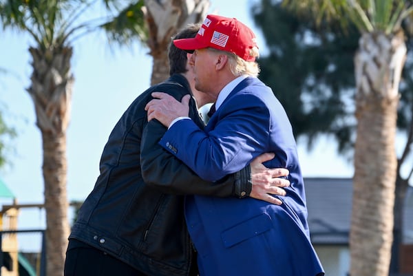 President-elect Donald Trump greets Elon Musk before the launch of the sixth test flight of the SpaceX Starship rocket Tuesday, Nov. 19, 2024 in Brownsville, Texas. (Brandon Bell/Pool via AP)