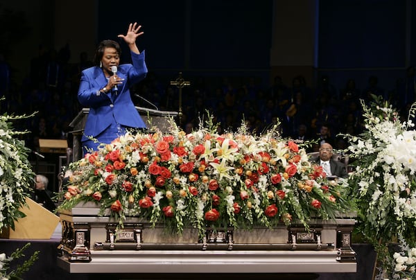 Rev. Bernice King, daughter of Martin Luther King Jr., speaks during the funeral service for her mother, Coretta Scott King at the New Birth Missionary Baptist Church in Lithonia, Ga., Tuesday, Feb. 7, 2006. (AP Photo/Jason Reed, Pool)